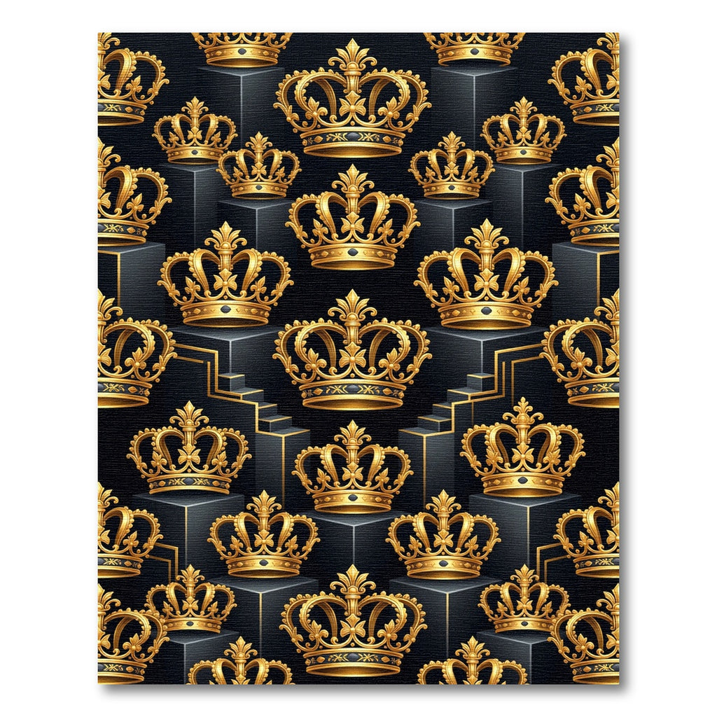 Luxurious Golden Crown Black Isometric Mural Rug
