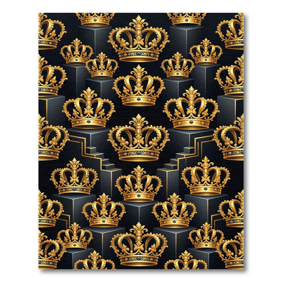 Luxurious Golden Crown Black Isometric Mural Rug