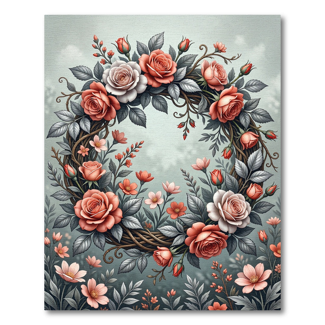 Elegant Peach Rose Wreath Illustration Rug
