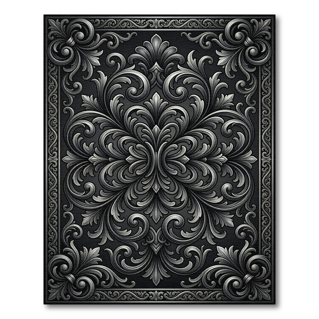 Ornate Silver Floral Scrollwork Rug