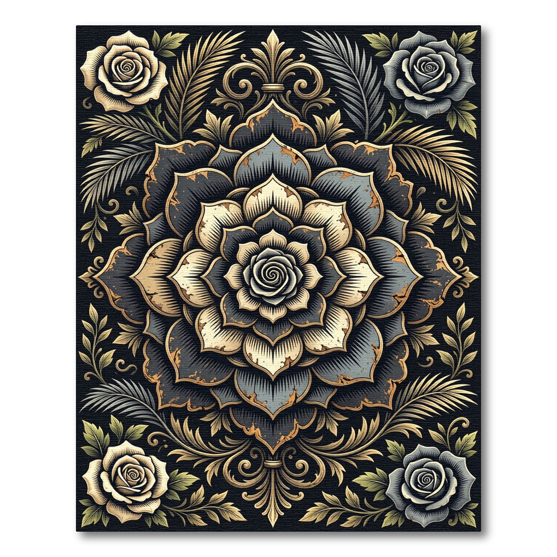Elegant Gold and Charcoal Floral Medallion Rug