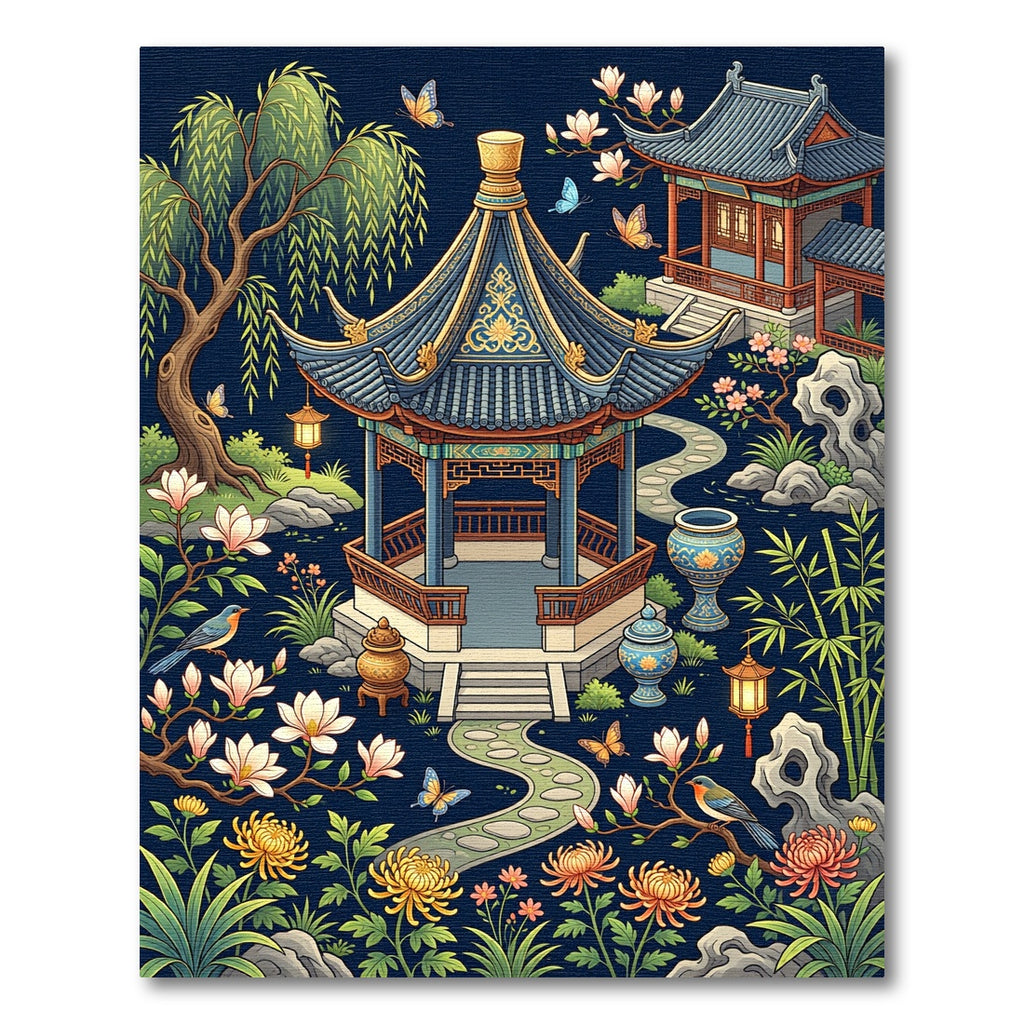 Elegant Pavilion Garden Midnight Botanical Art Rug