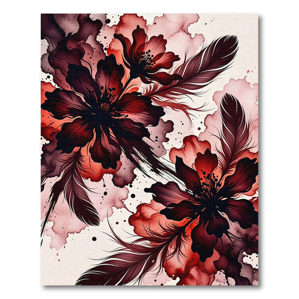 Deep Red Watercolor Floral Feather Compositions Rug