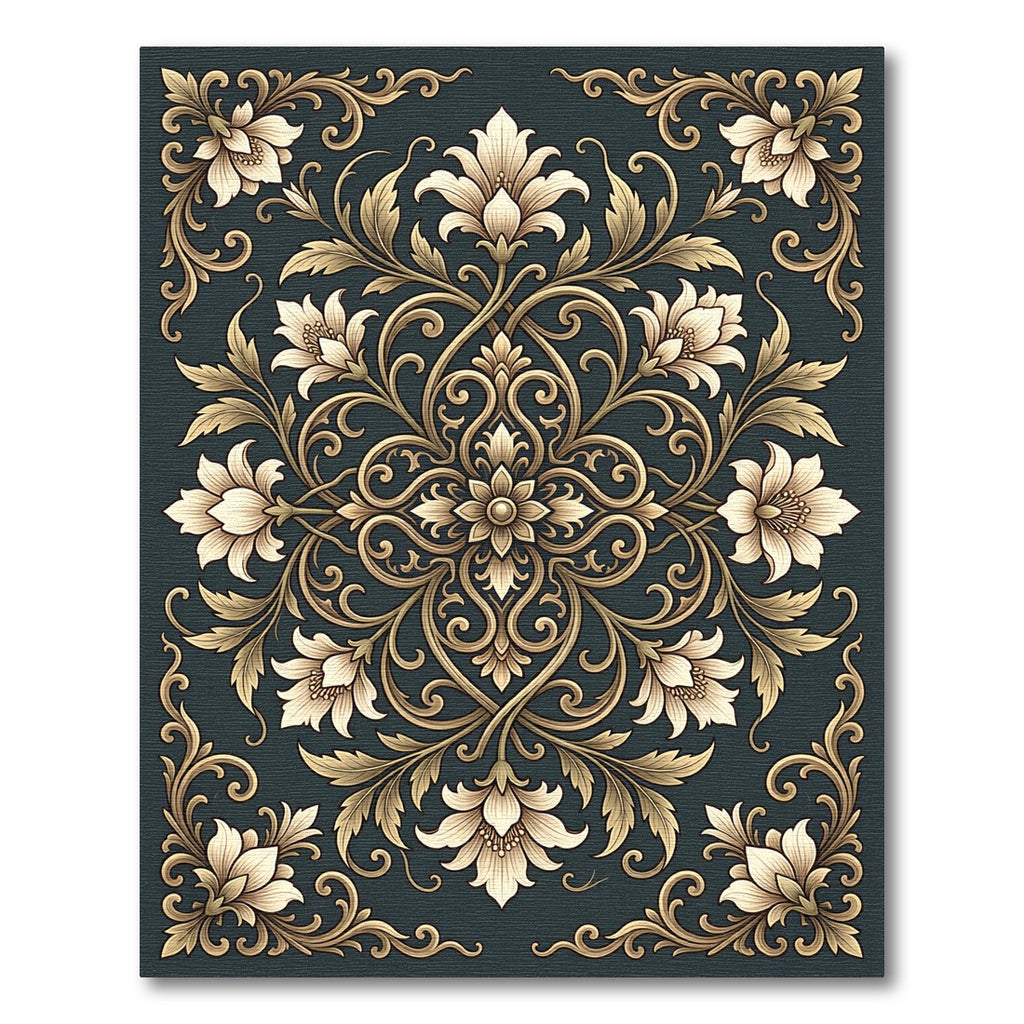 Elegant Gold Floral Damask Charcoal Rug