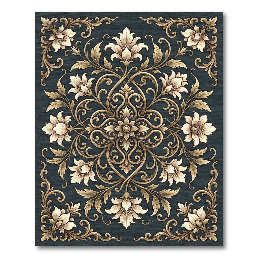 Elegant Gold Floral Damask Charcoal Rug