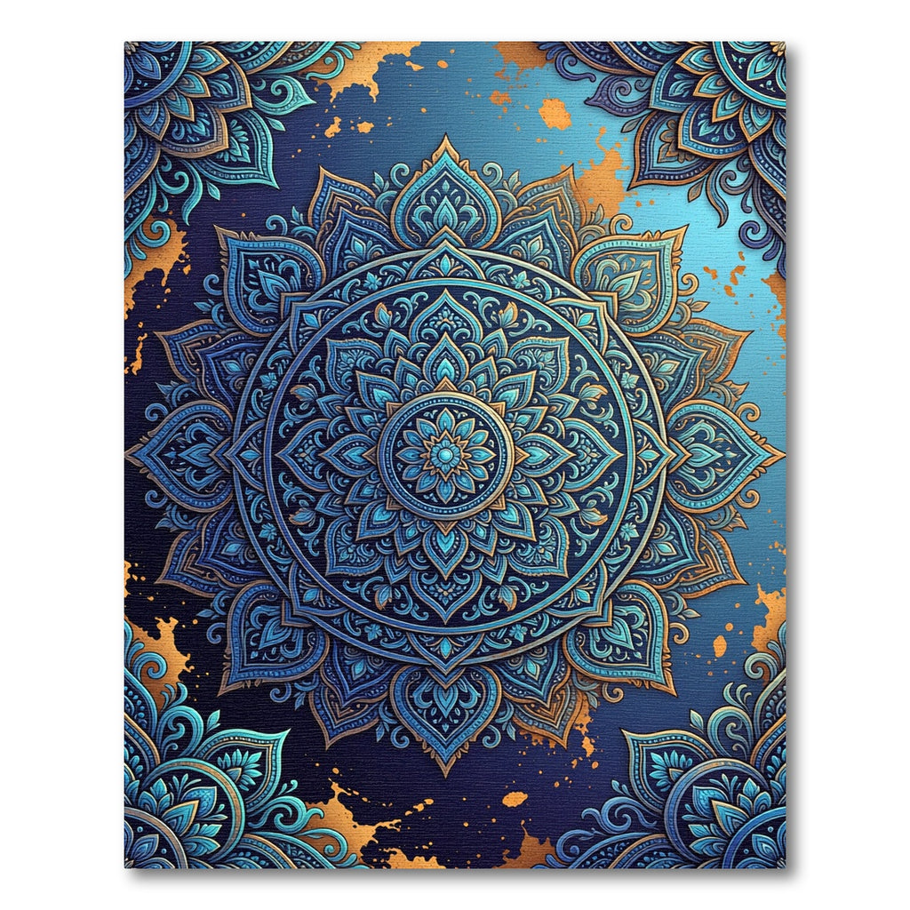 Blue Gold Radiant Mandala Medallion Rug