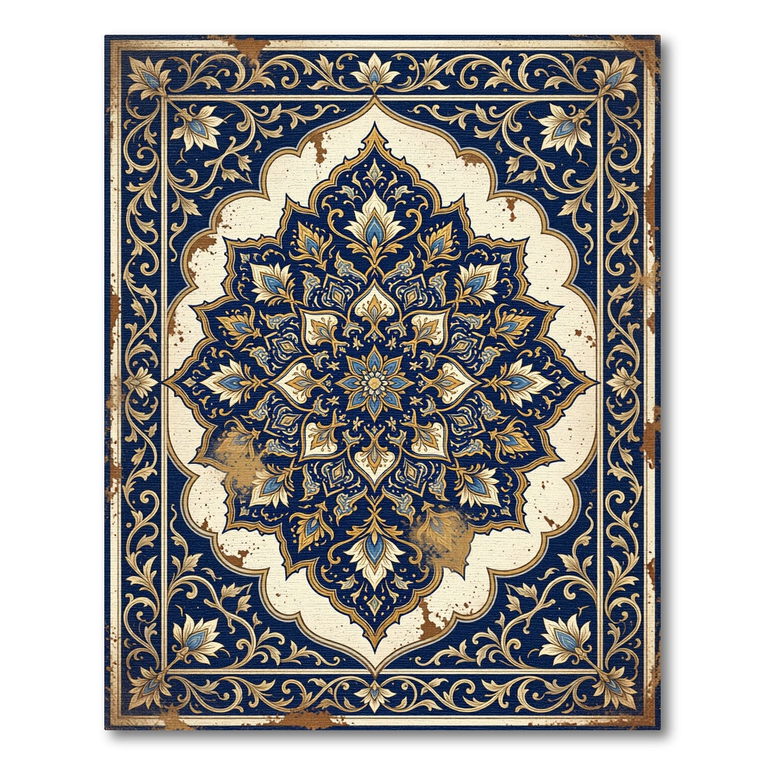 Ornate Blue Gold Floral Mandala Rug