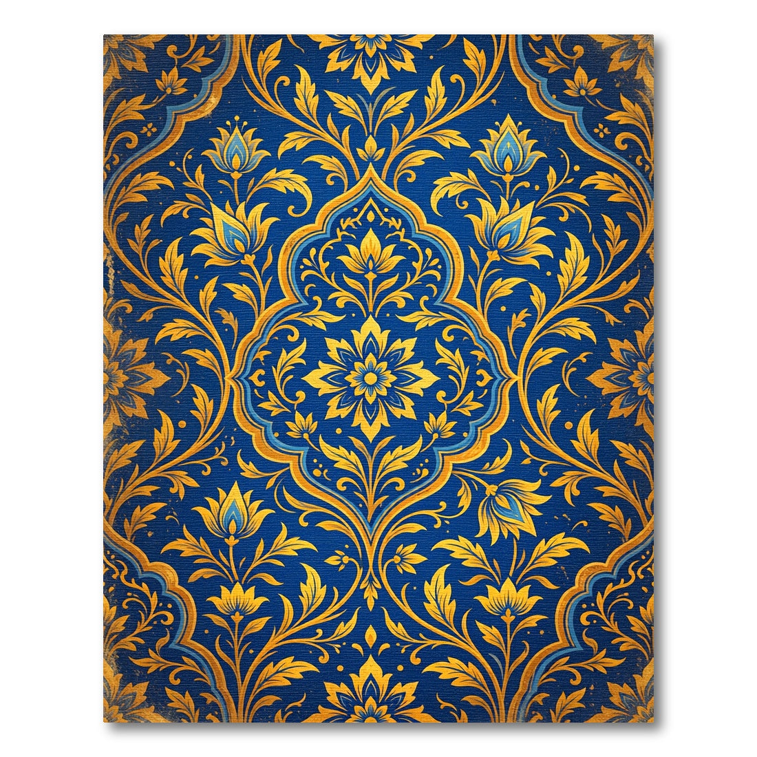 Royal Blue Golden Floral Damask Rug