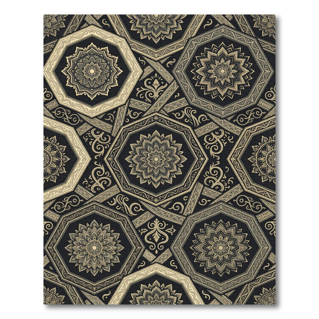Sophisticated Gold Black Octagon Mandala Rug