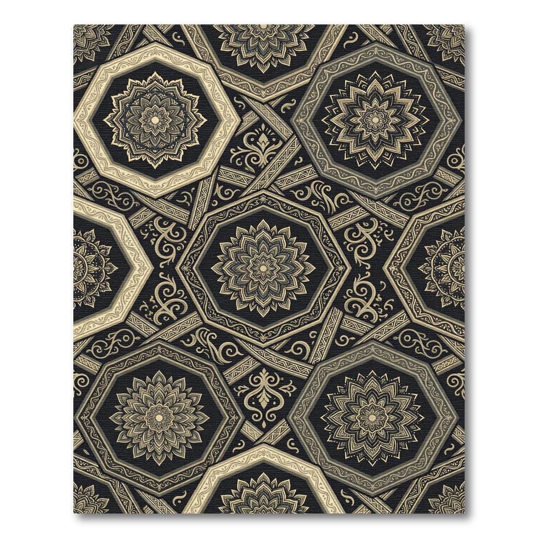 Sophisticated Gold Black Octagon Mandala Rug