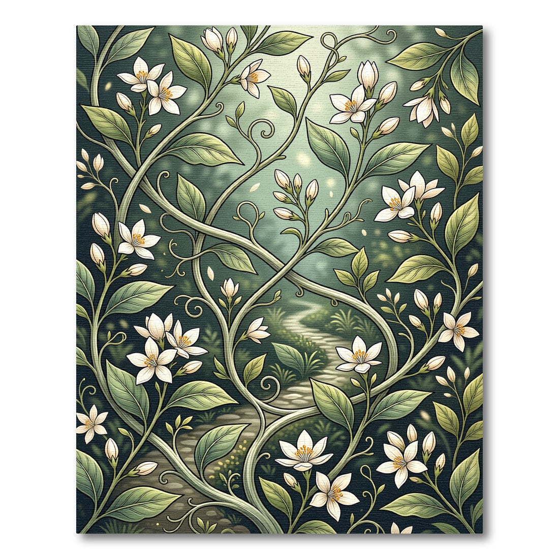 Elegant White Blossom Green Botanical Vine Rug