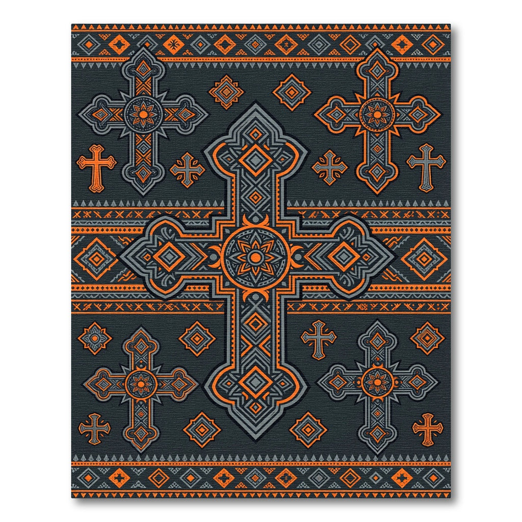 Ornate Charcoal and Orange Cross Emblem Rug