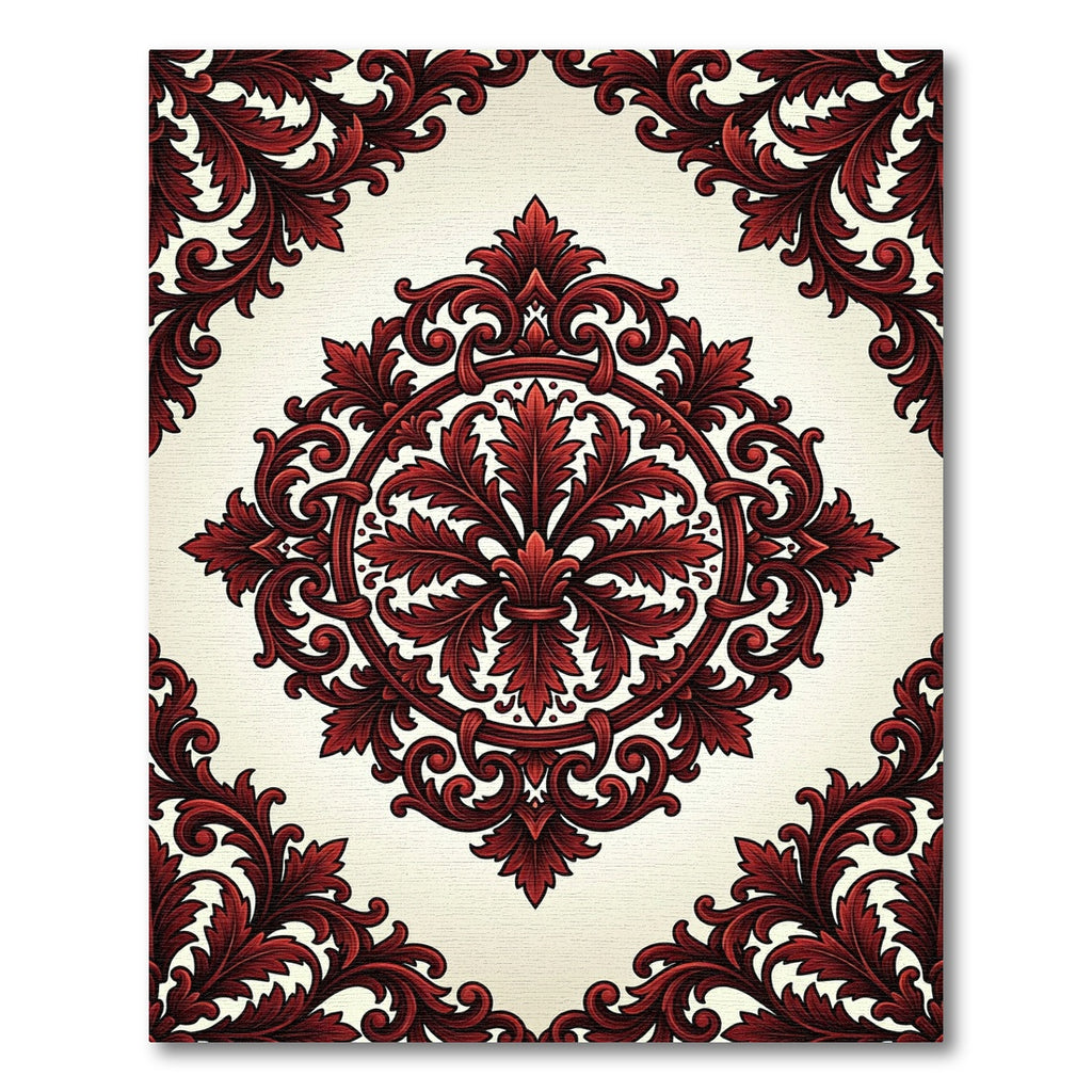 Crimson Baroque Scrollwork Ornate Medallion Rug