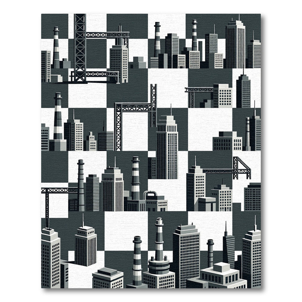 Monochrome Cityscape Industrial Towers Rug