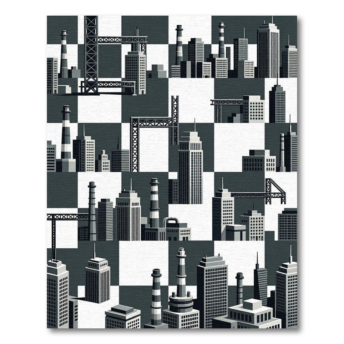 Monochrome Cityscape Industrial Towers Rug