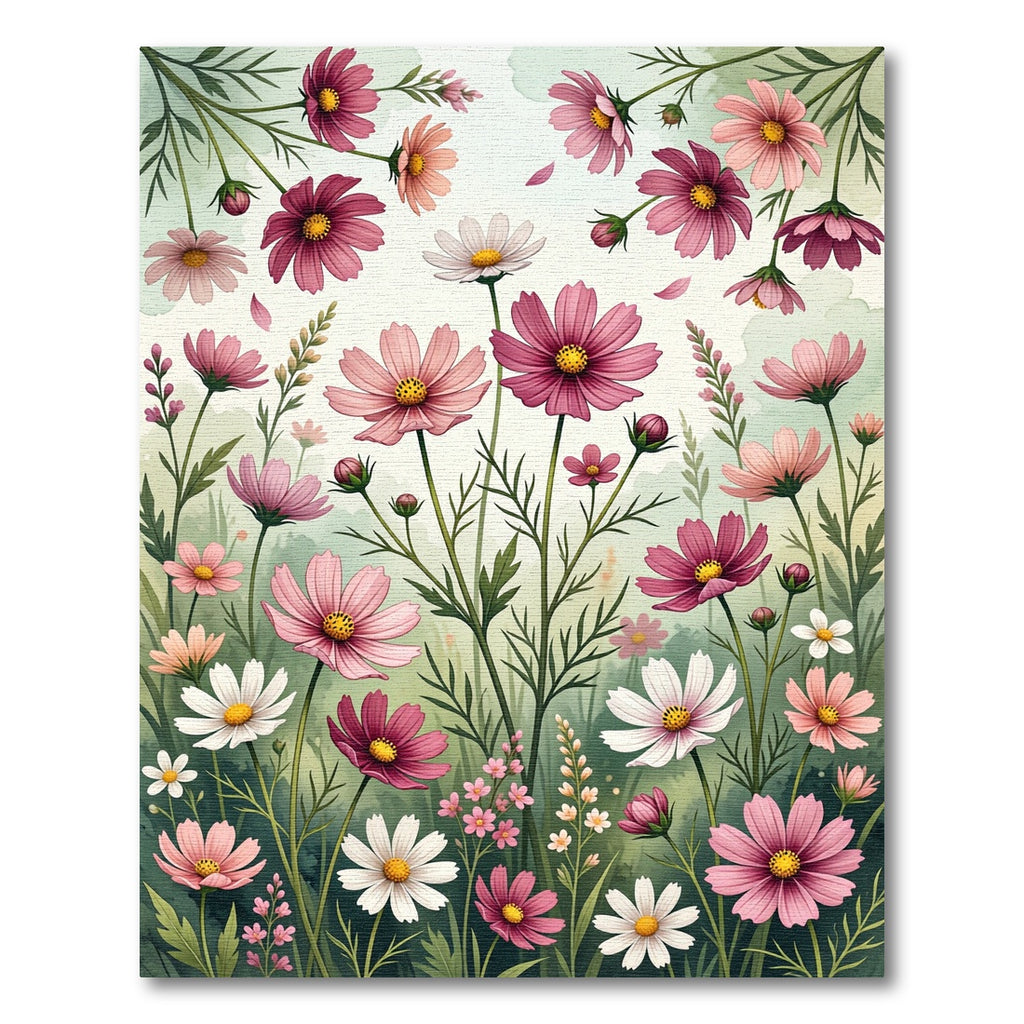 Soft Pink Cosmos Meadow Watercolor Art Rug