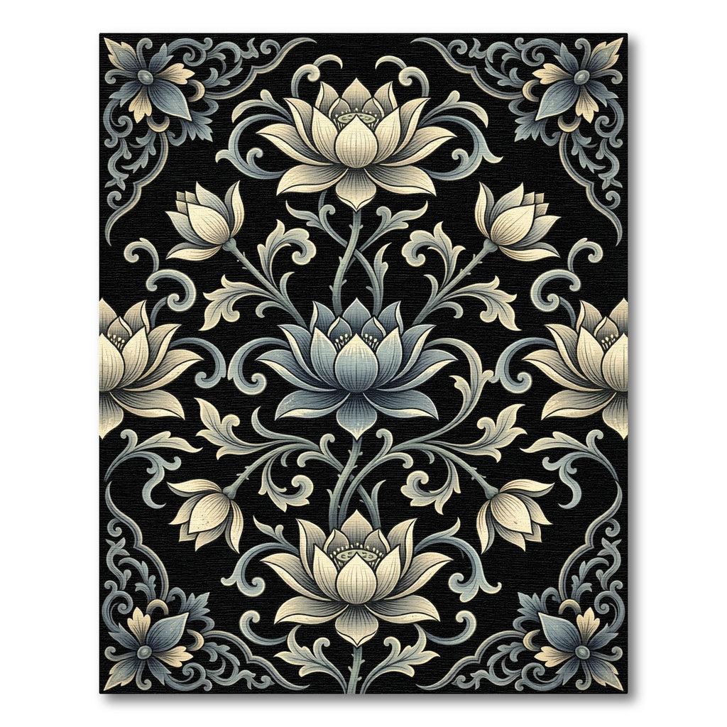 Elegant Monochrome Lotus Floral Scroll Rug