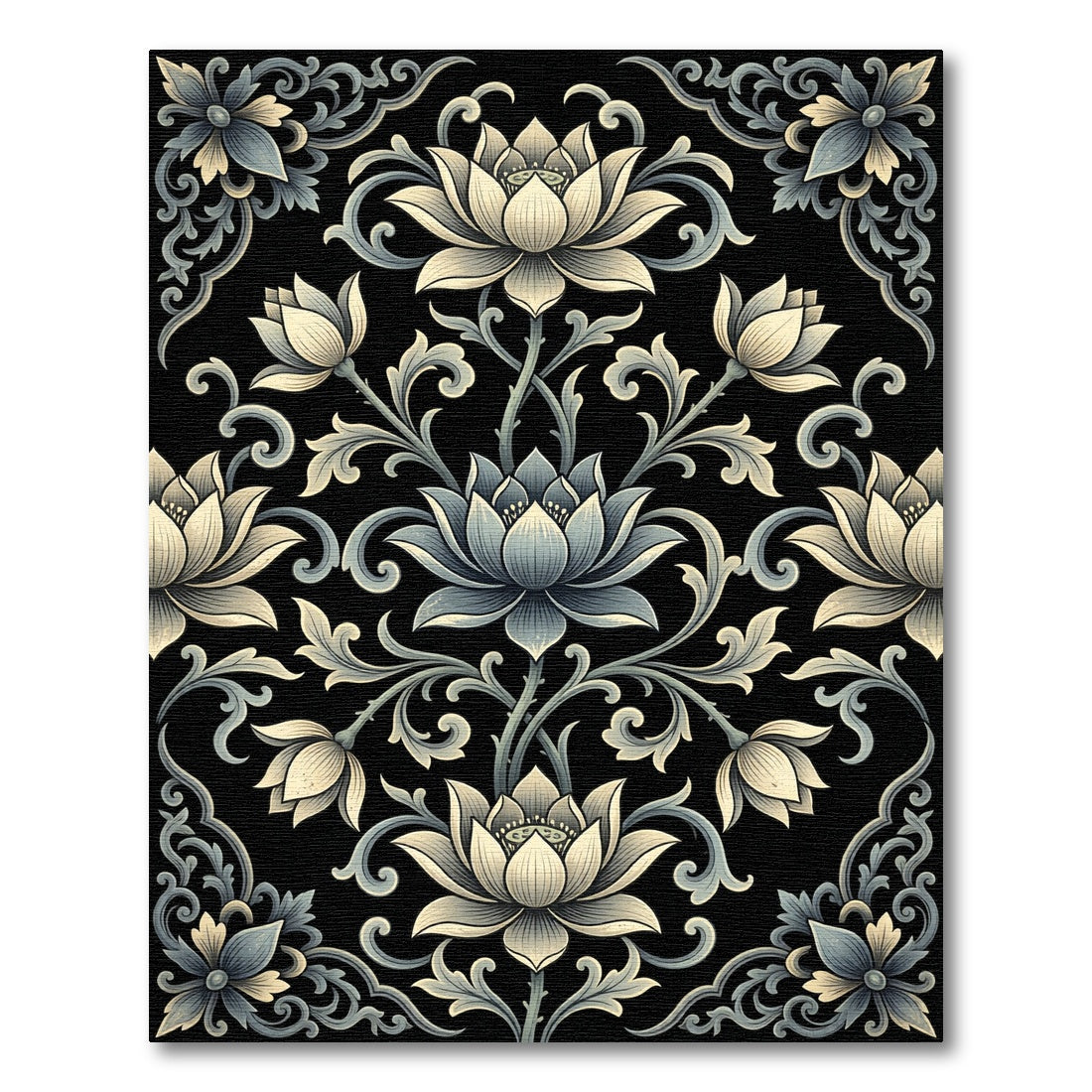 Elegant Monochrome Lotus Floral Scroll Rug