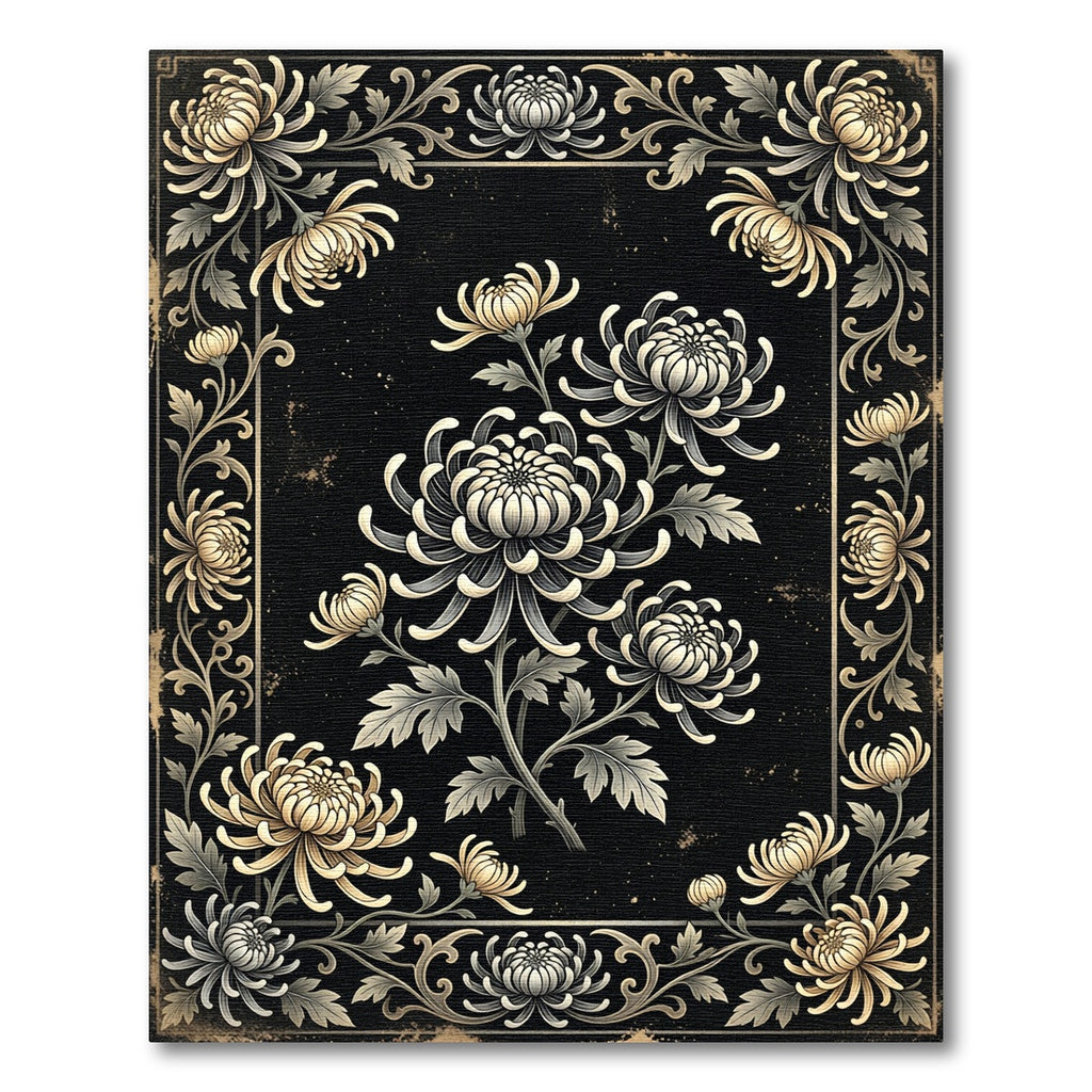 Golden Chrysanthemum Noir Botanical Illustration Rug