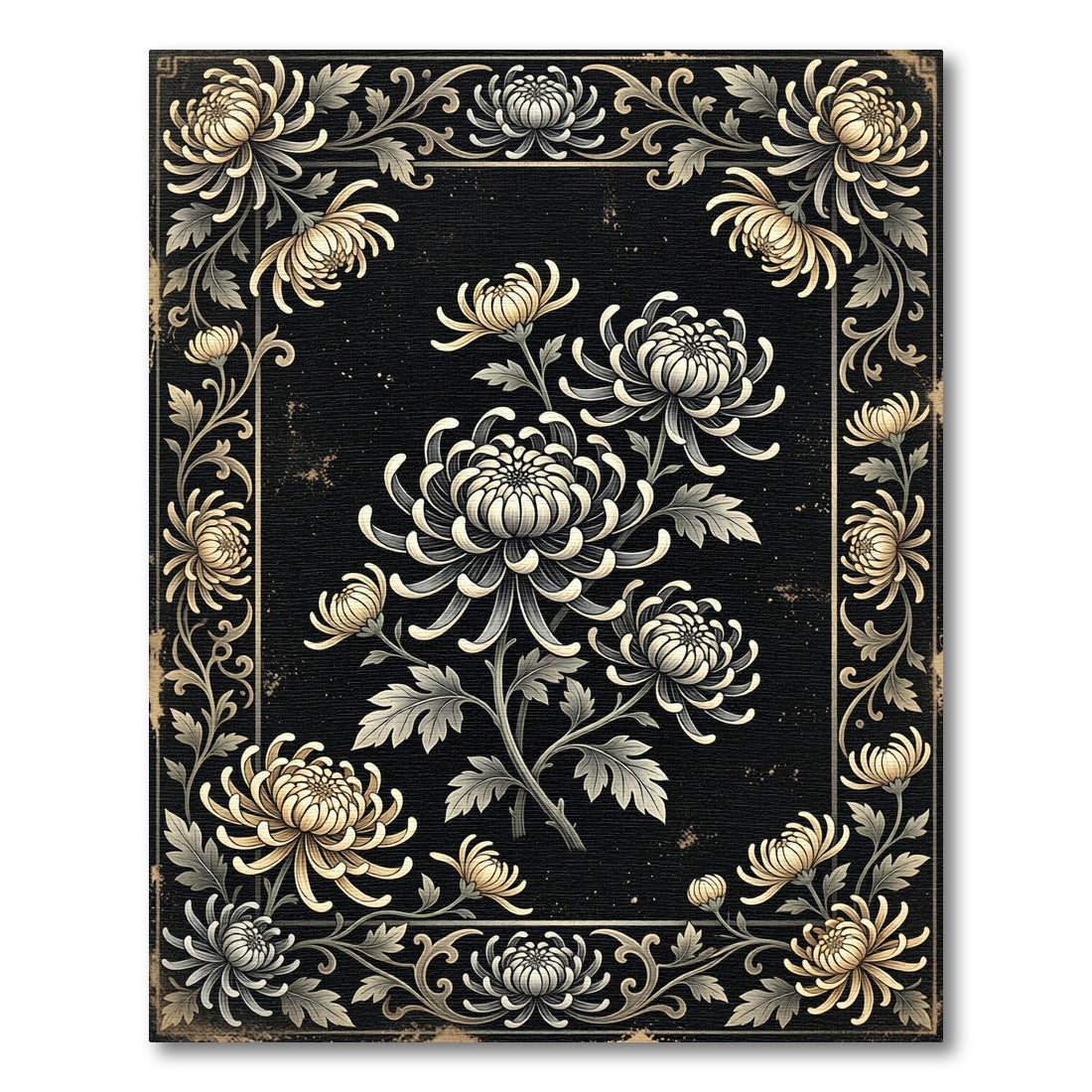 Golden Chrysanthemum Noir Botanical Illustration Rug