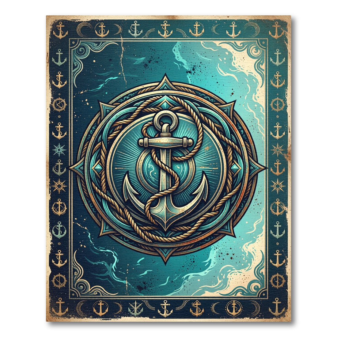 Vintage Nautical Anchor Compass Medallion Rug