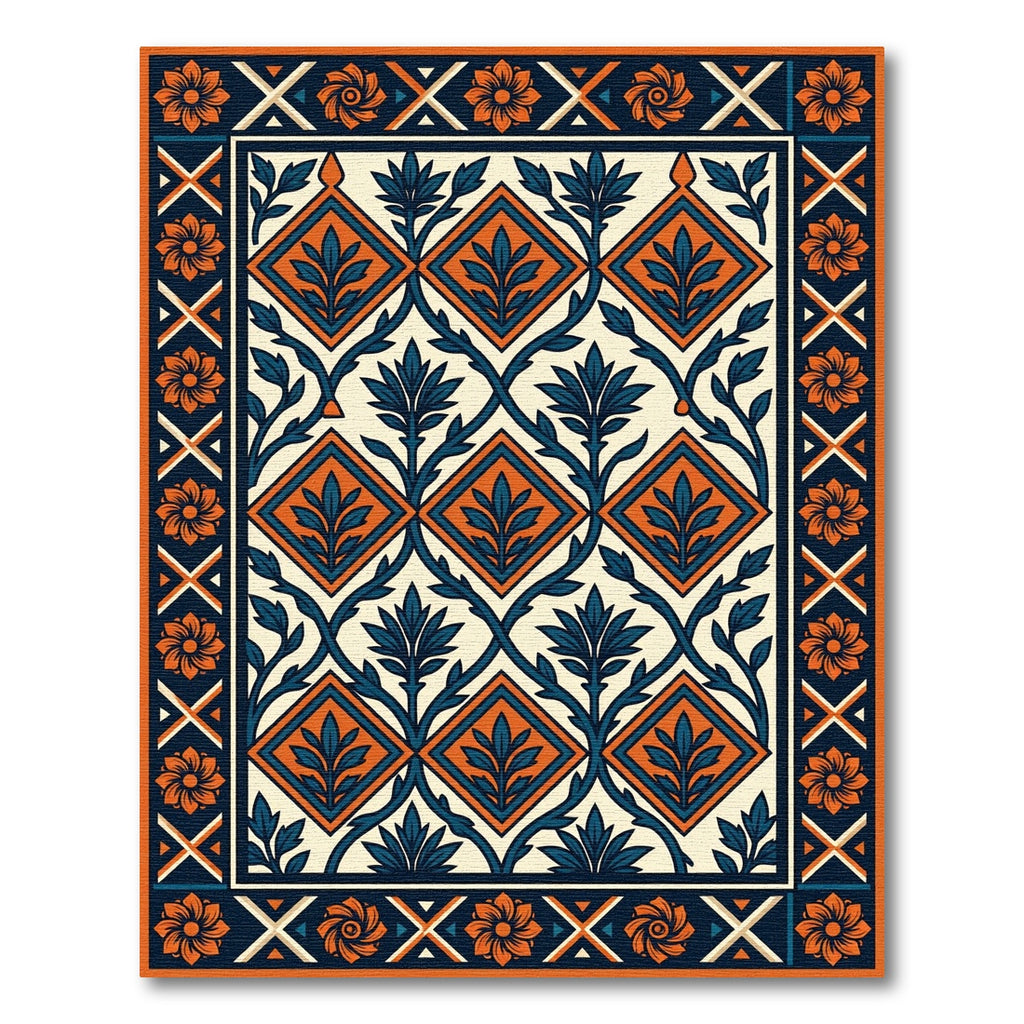 Orange Floral Navy Geometric Diamond Tile Rug