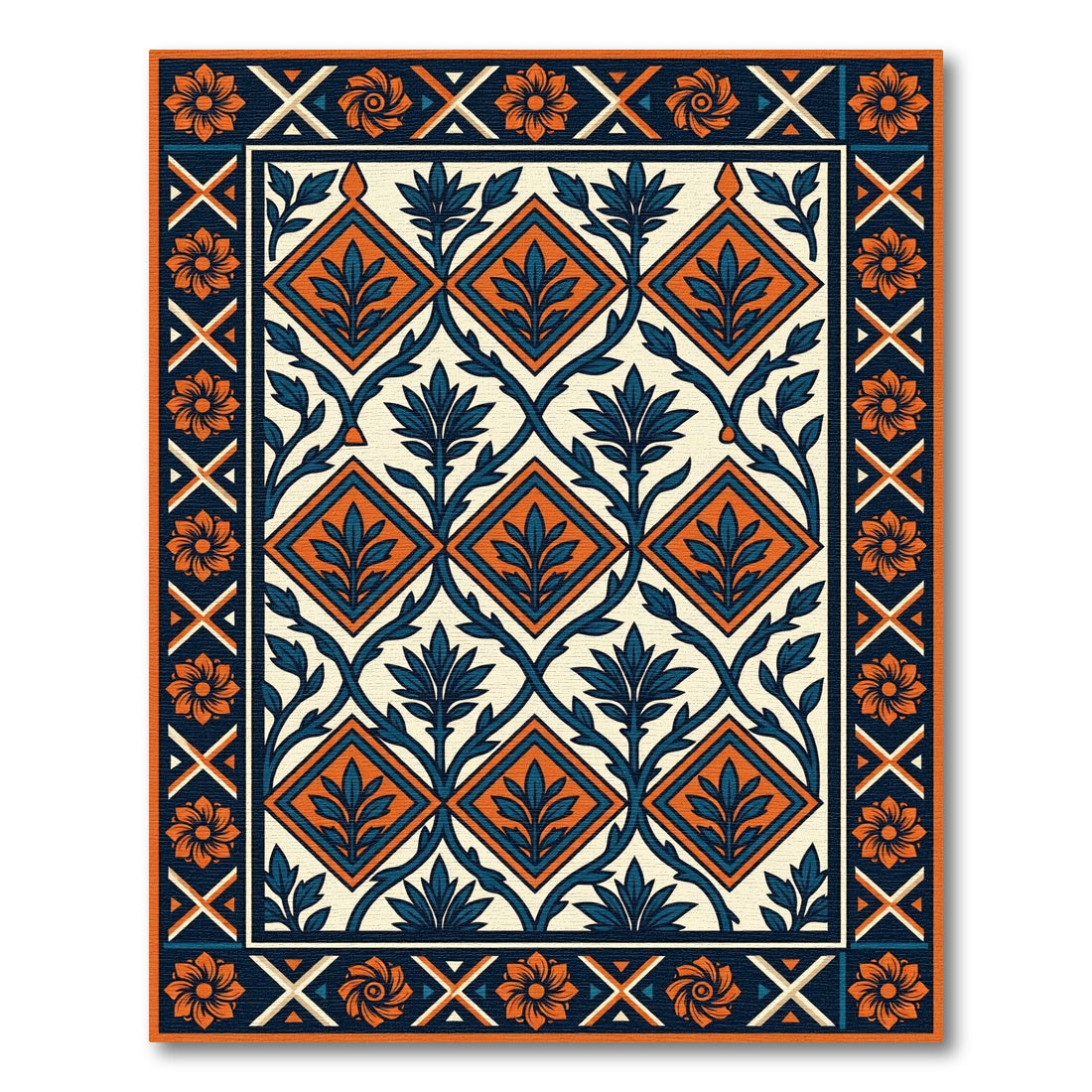 Orange Floral Navy Geometric Diamond Tile Rug
