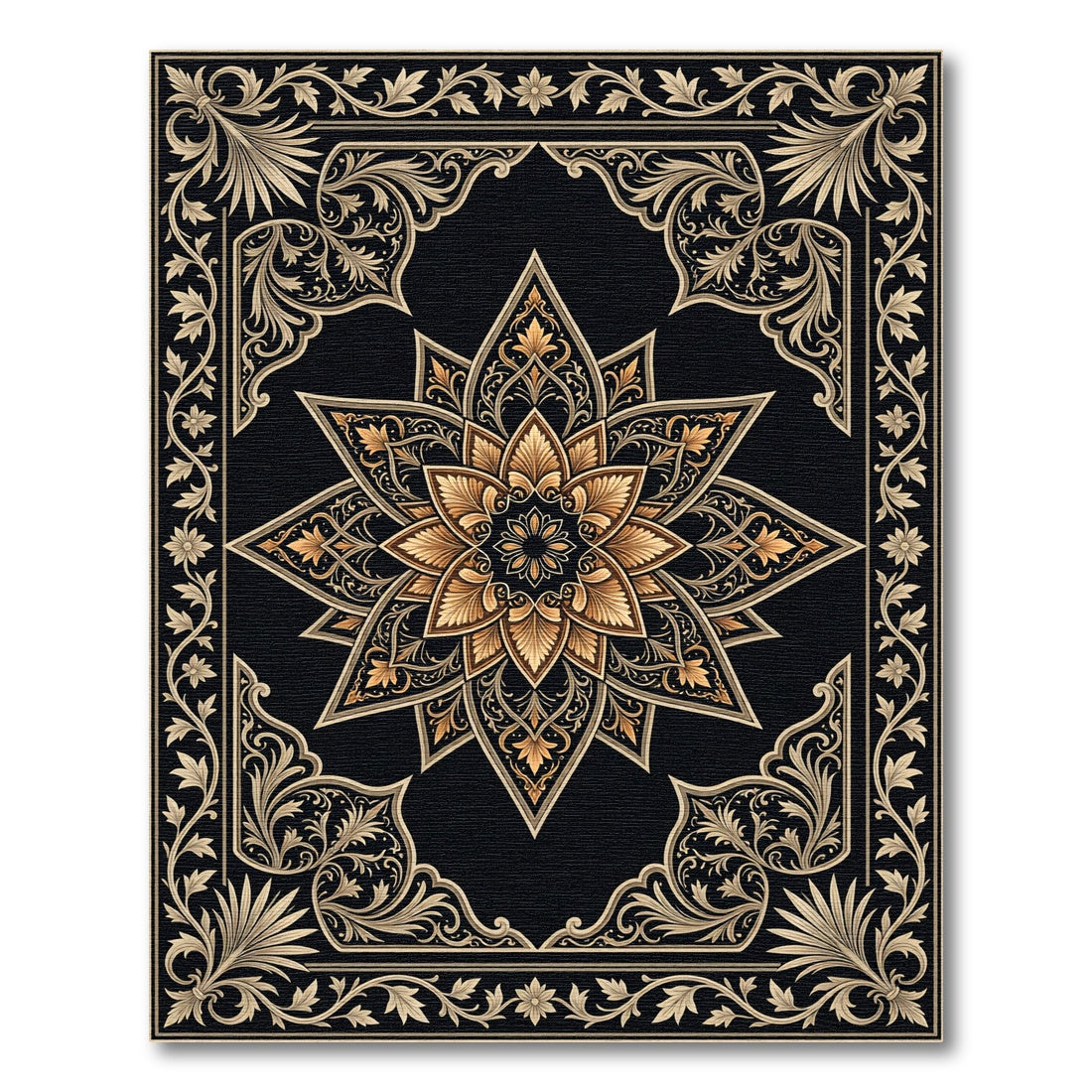 Ornate Gold Black Floral Medallion Rug