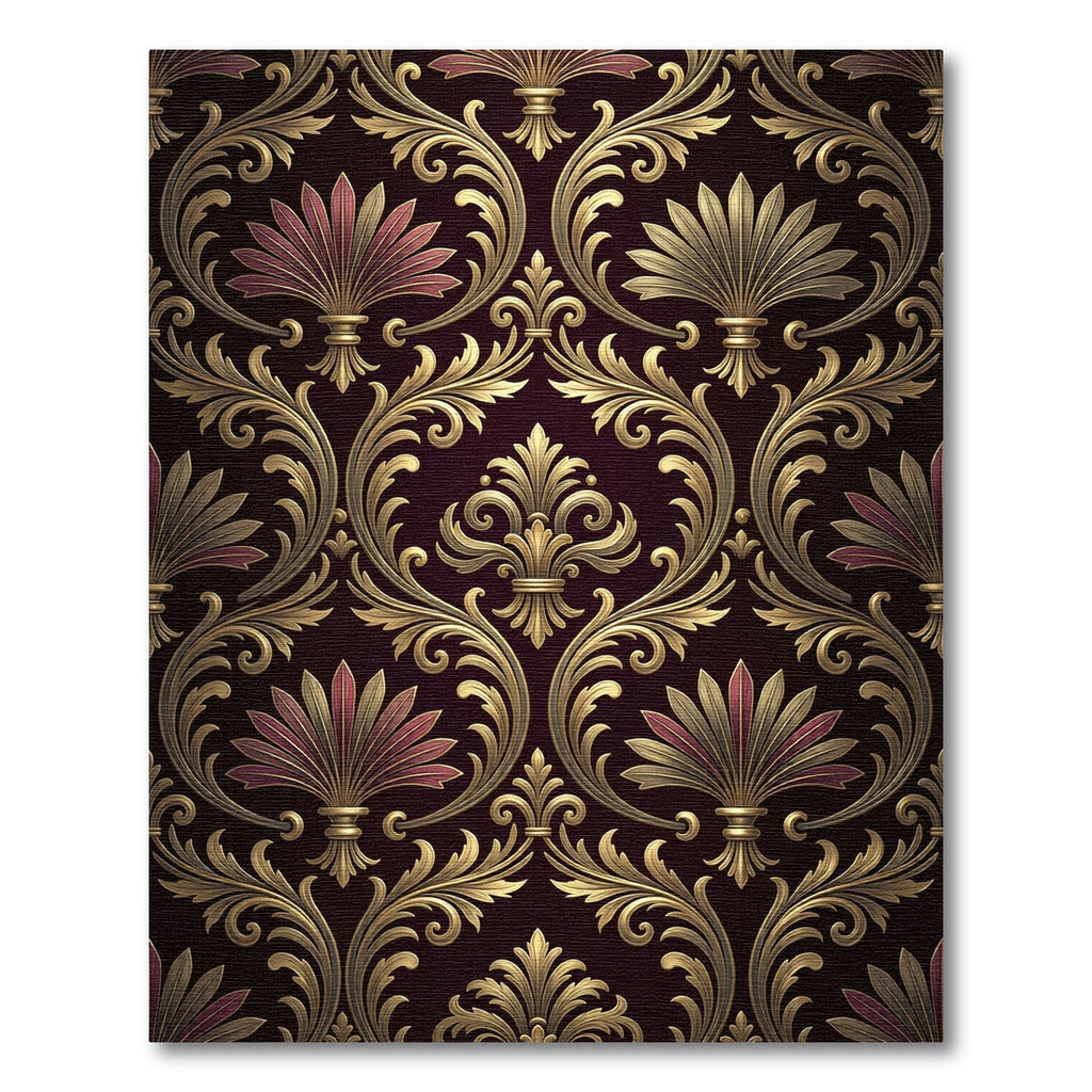 Ornate Gold Damask Burgundy Regal Scroll Rug