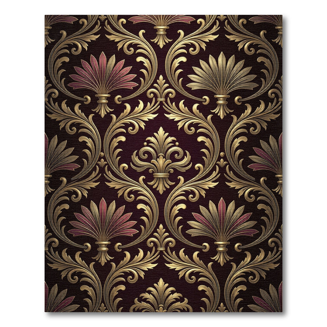 Ornate Gold Damask Burgundy Regal Scroll Rug