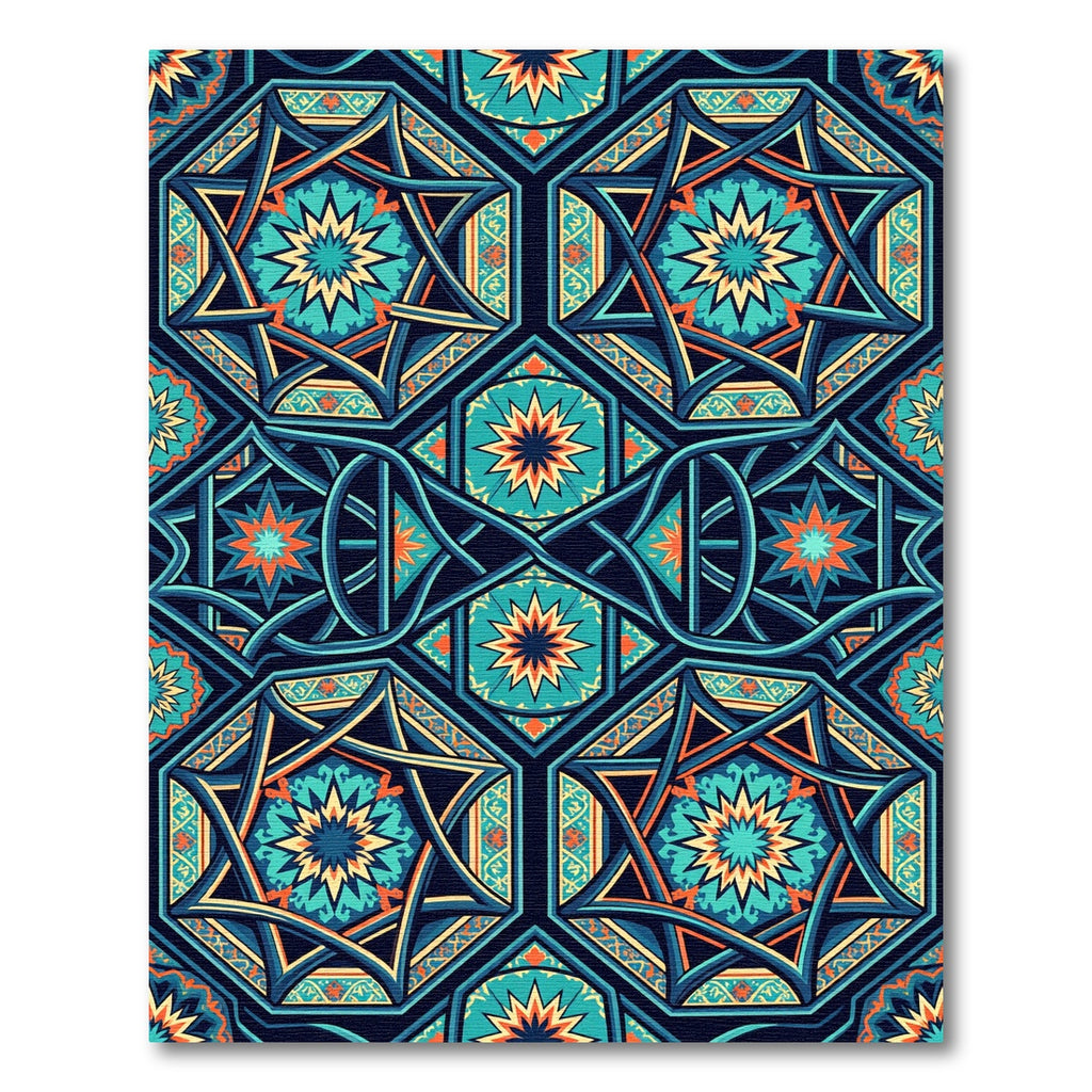Intricate Teal and Orange Geometric Star Rug