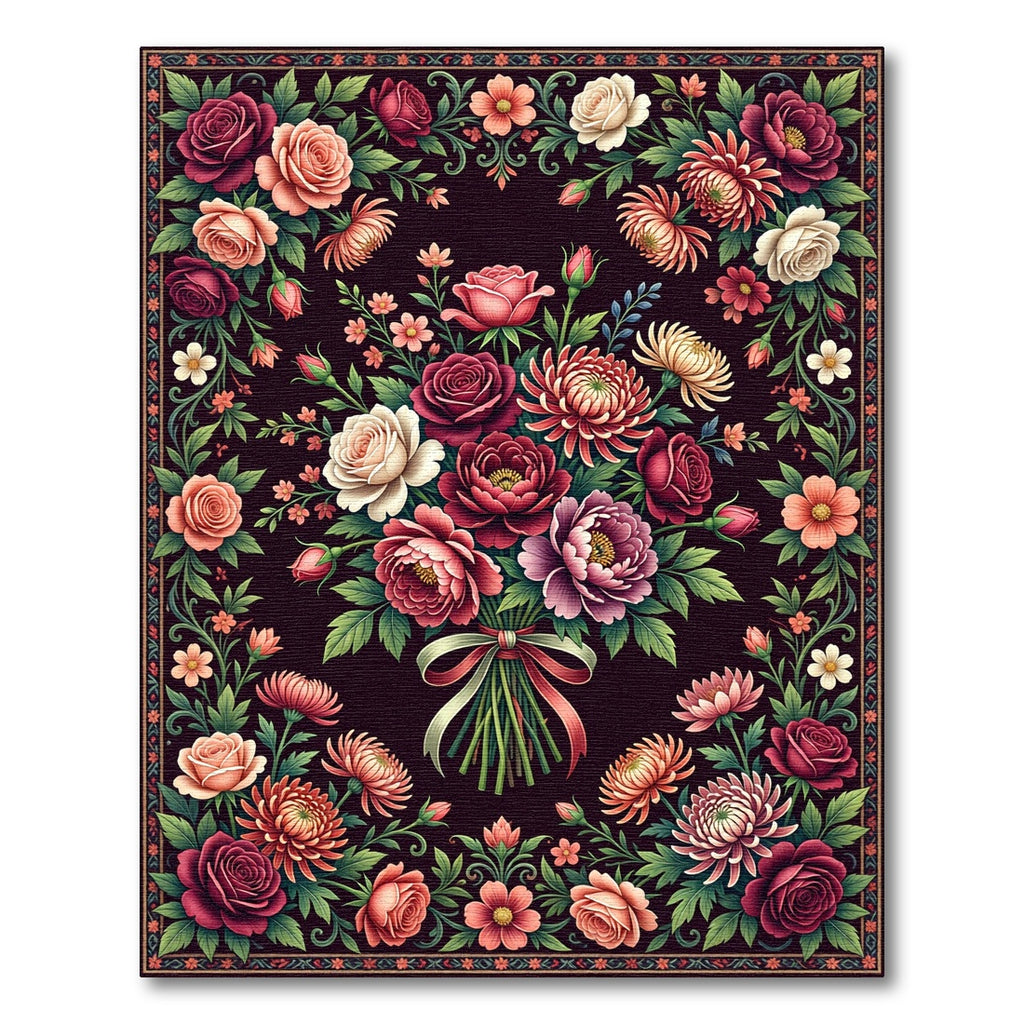 Dark Floral Bouquet Classic Rose Arrangement Rug