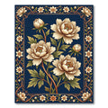 Elegant Cream Peony Navy Rectangular Frame Rug