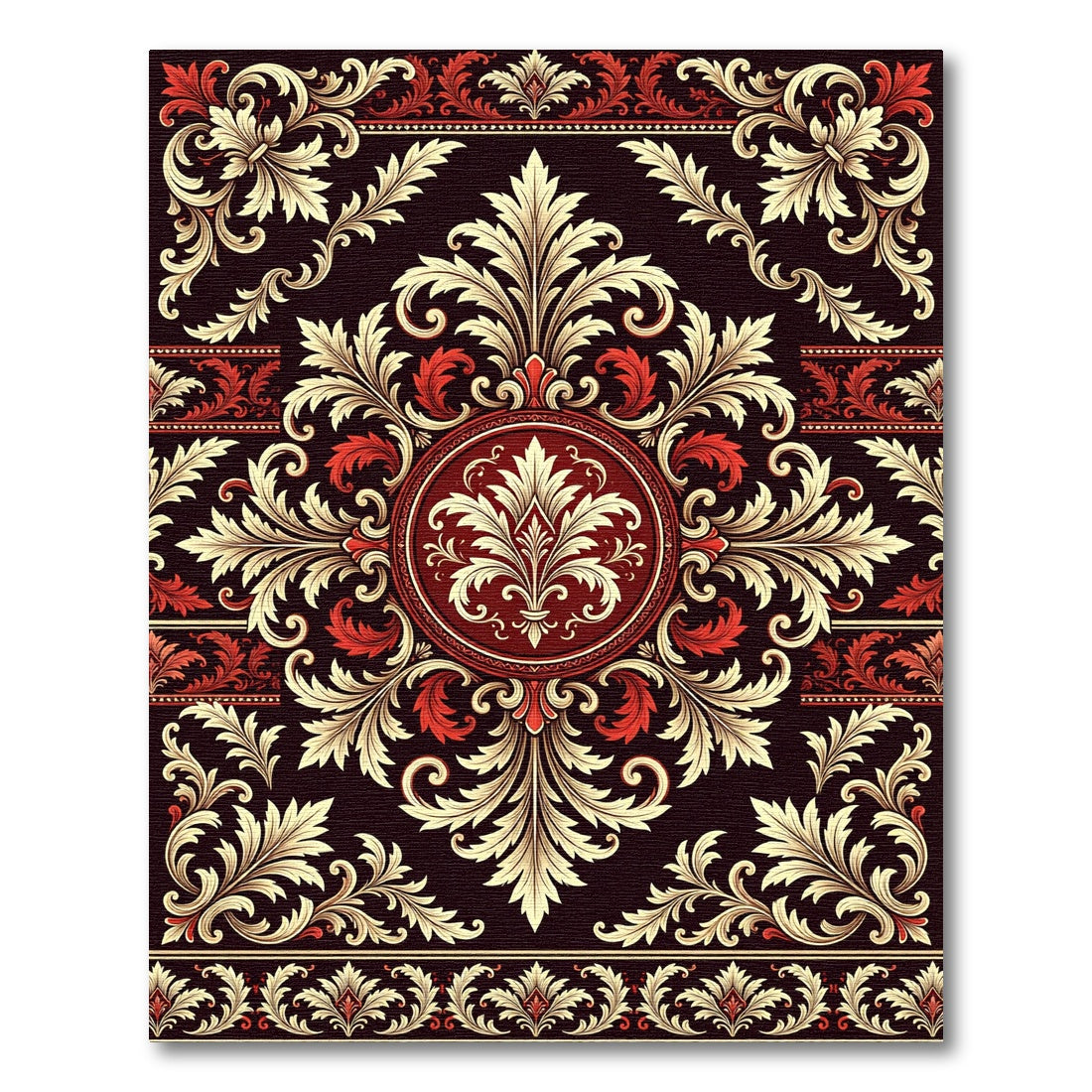 Ornate Burgundy Cream Damask Medallion Rug