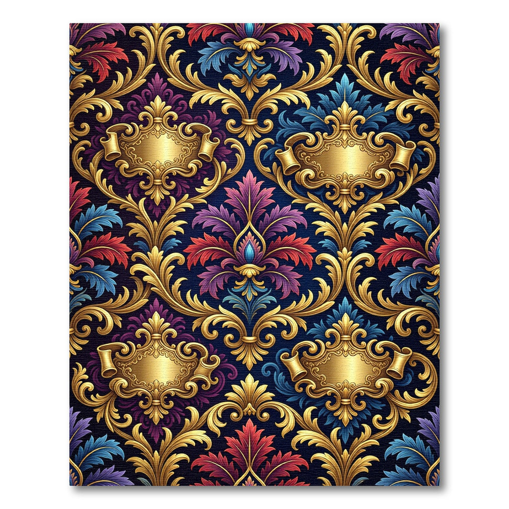 Regal Gold Damask Navy Scroll Foliage Rug