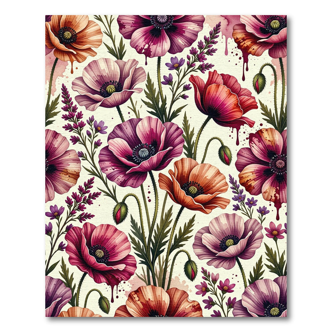 Watercolor Poppy and Lavender Botanical Garden Rug