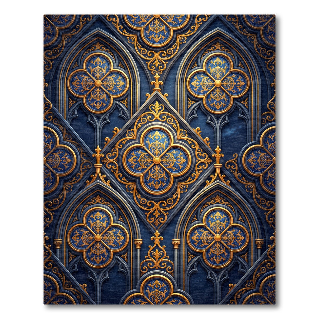 Gothic Navy Blue Gold Quatrefoil Ornate Rug