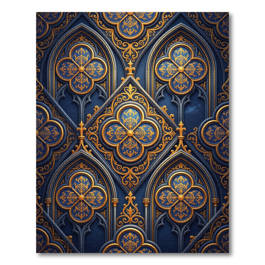 Gothic Navy Blue Gold Quatrefoil Ornate Rug