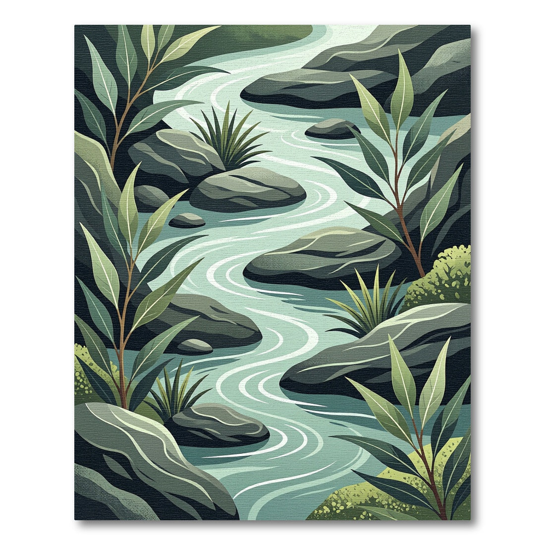 Serene River Stones Foliage Landscape Rug