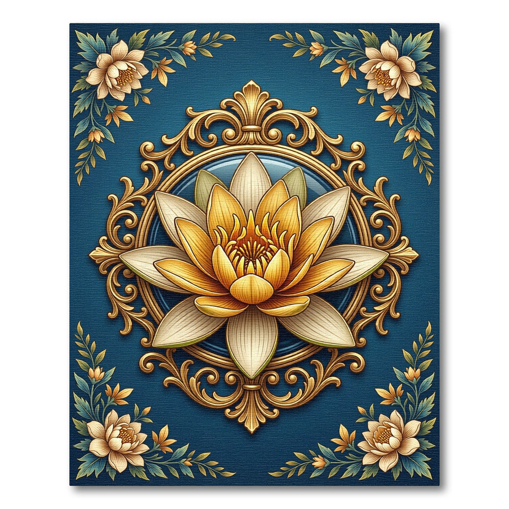 Ornate Golden Lotus Medallion Navy Rug