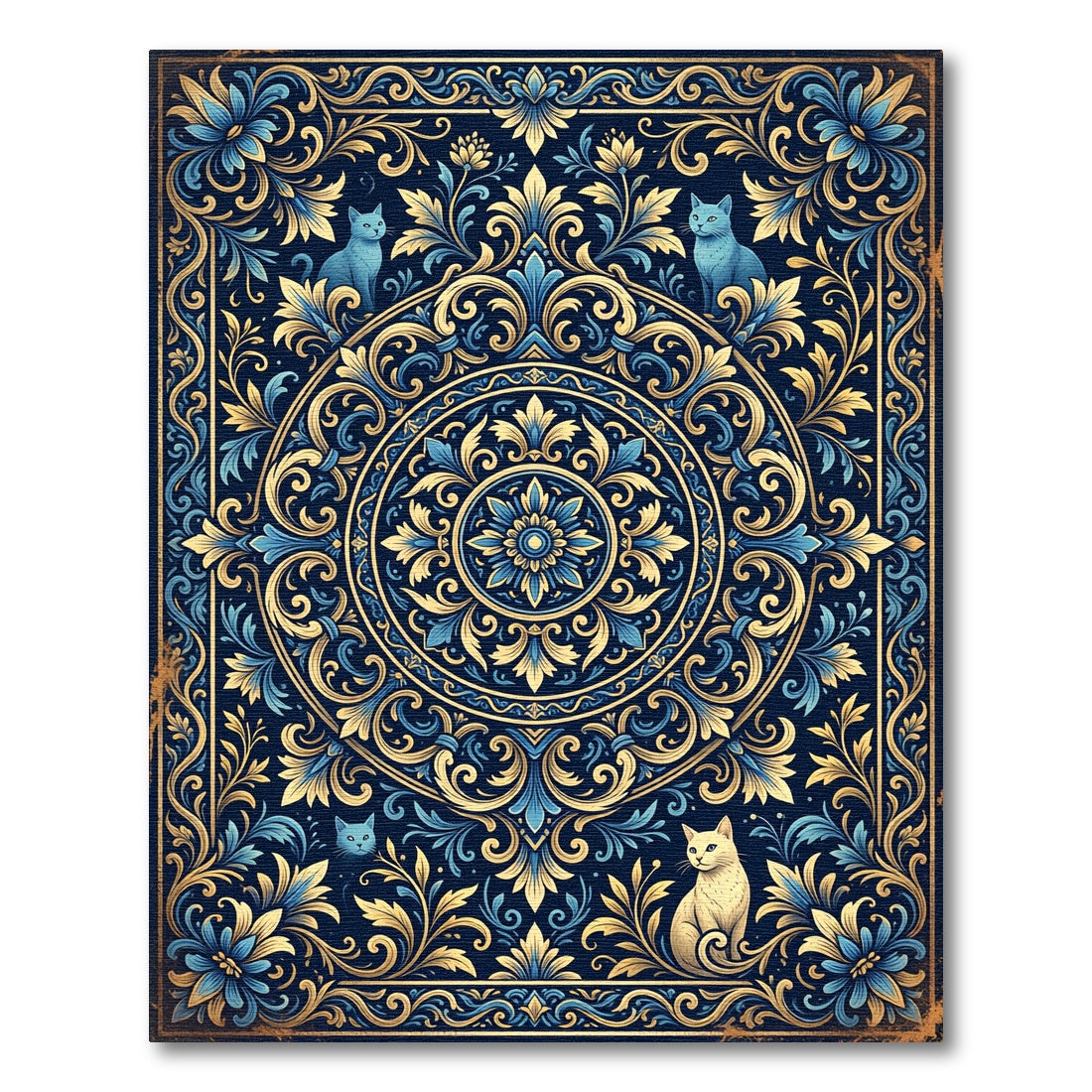 Elegant Navy Blue Floral Feline Medallion Rug