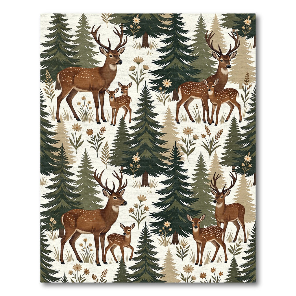 Woodland Deer and Evergreen Forest Illustration Rug