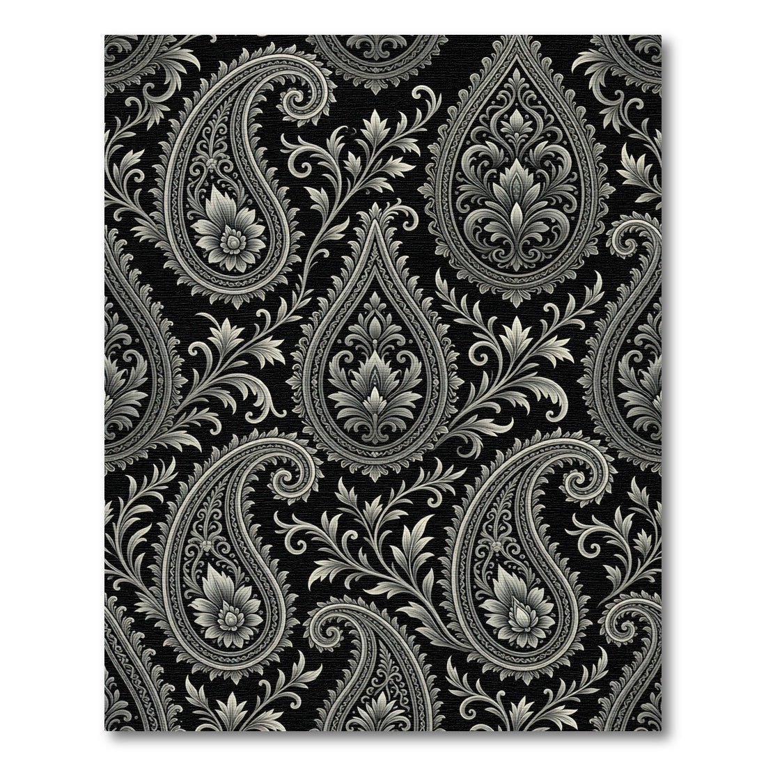 Black Silver Paisley Floral Scroll Rug