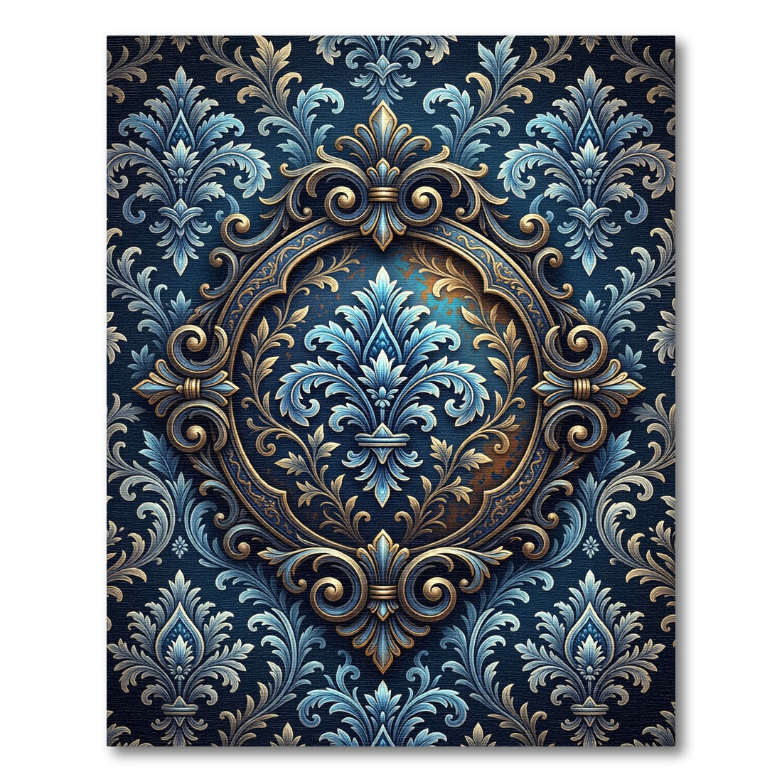 Elegant Navy Golden Damask Fleur-de-lis Rug