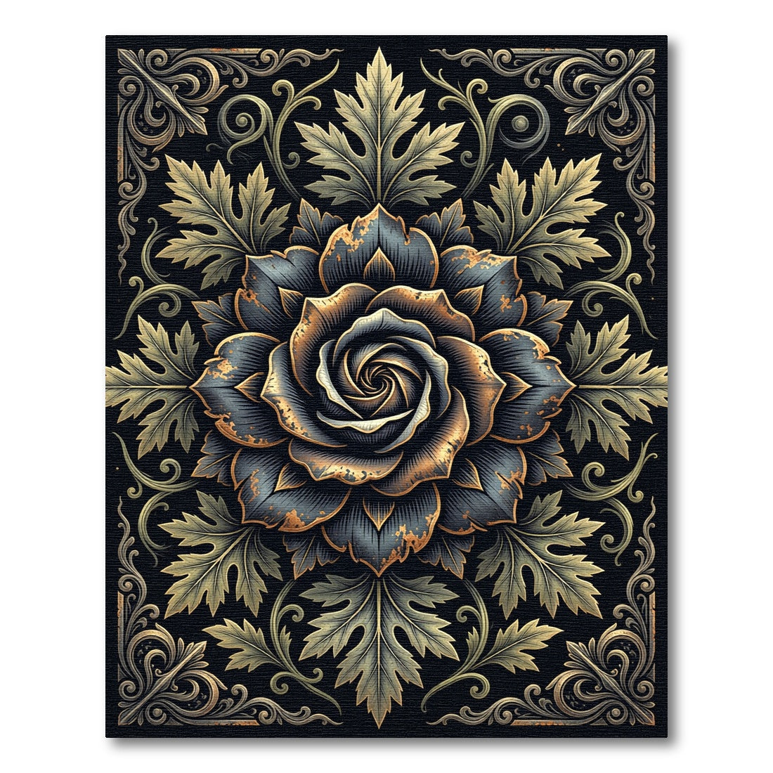 Gilded Dark Rose Botanical Scroll Ornament Rug