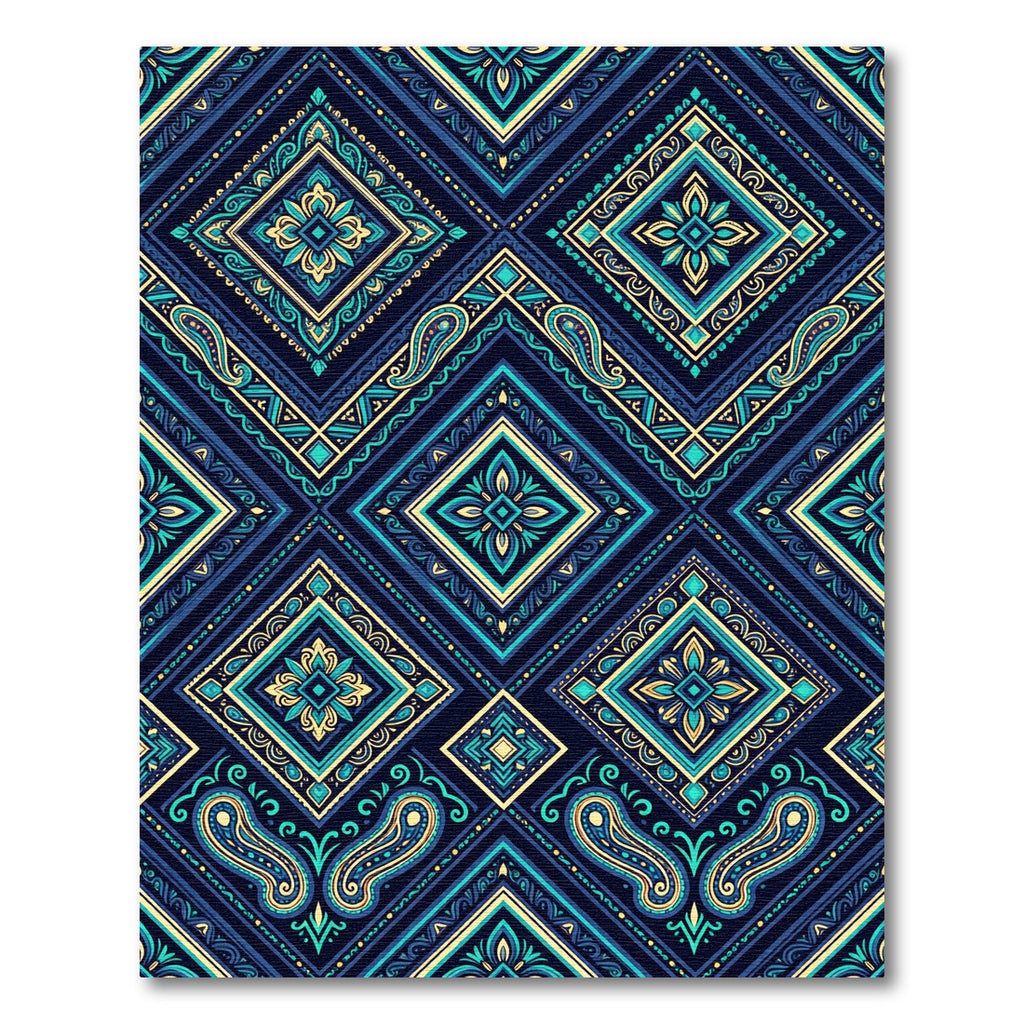 Navy Teal Golden Diamond Medallion Rug