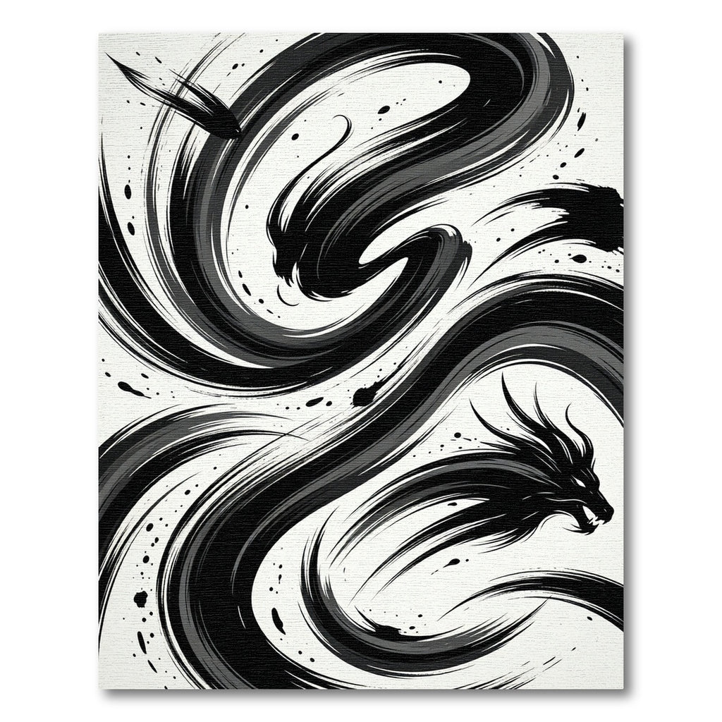 Dynamic Black Brushstroke Dragon Swirl Rug