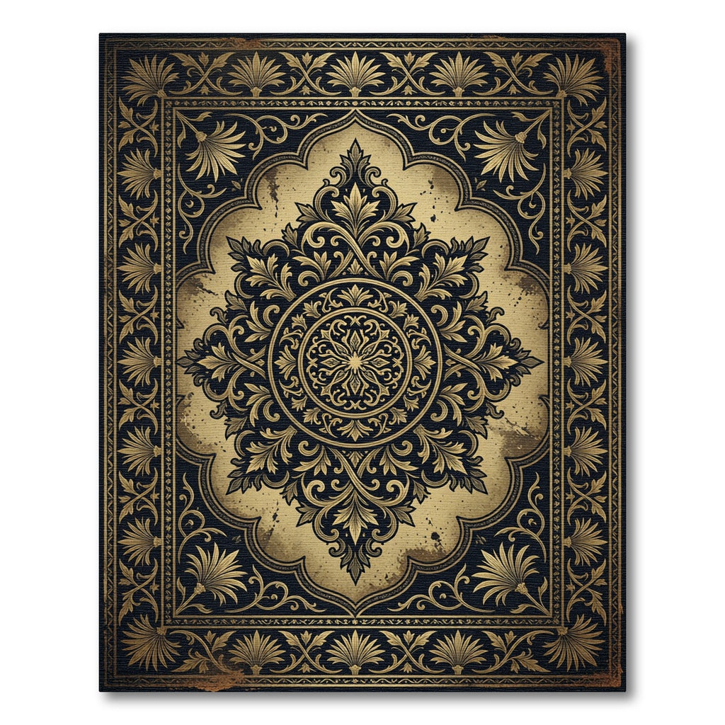 Ornate Golden Black Floral Medallion Rug