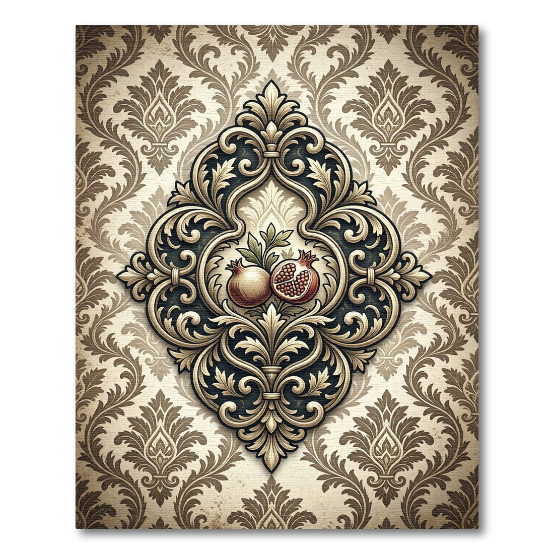 Elegant Pomegranate Damask Scroll Medallion Rug