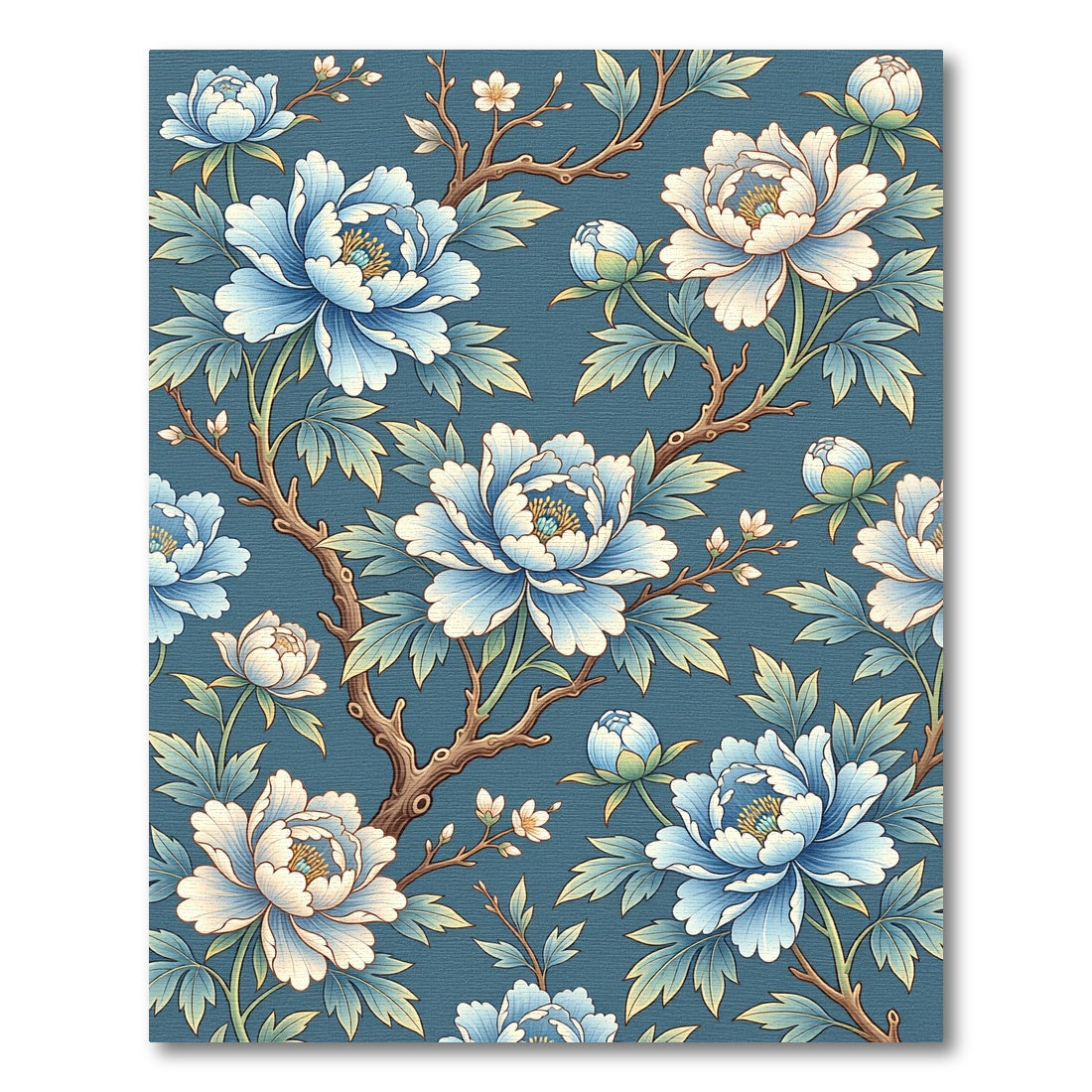 Chinoiserie Blue Peony Floral Branch Rug